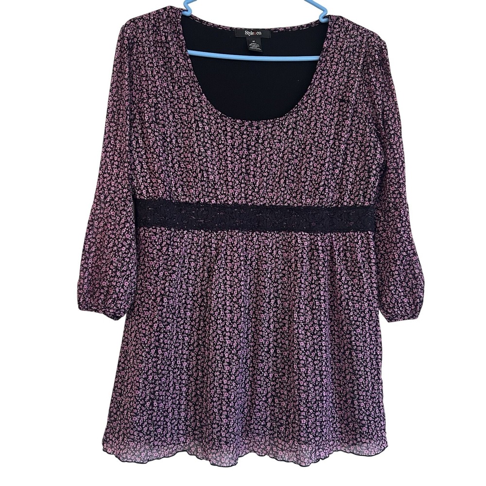 Ditsy Floral Babydoll Blouse Sz M Purple Black Dark Romantic Lace Style & Co
